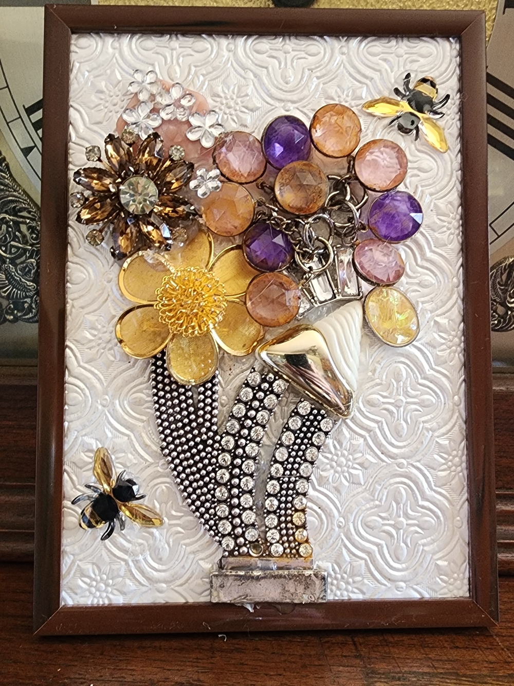 Crystal Floral Bouquet Wall Art Jewelry Gold Accents OOAK Framed Vintage